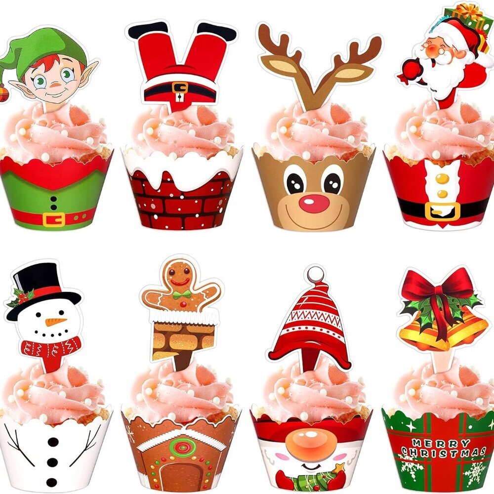 128 Pieces Christmas Cupcake Toppers Wrappers Party Supplies Favors - Snowman Sa